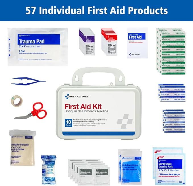 First Aid Only 6060 All-Purpose 10-Person Emergency First Aid Kit for Business, Worksite, Home, and Car, 57 Pieces