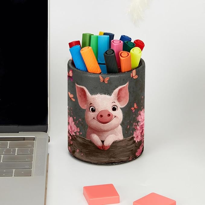 Faux Leather Pen Holder for Desk, Pencil Organizer Cute Pig Pen Cup Desk Decor Makeup Brush Holder Storage for Office Home