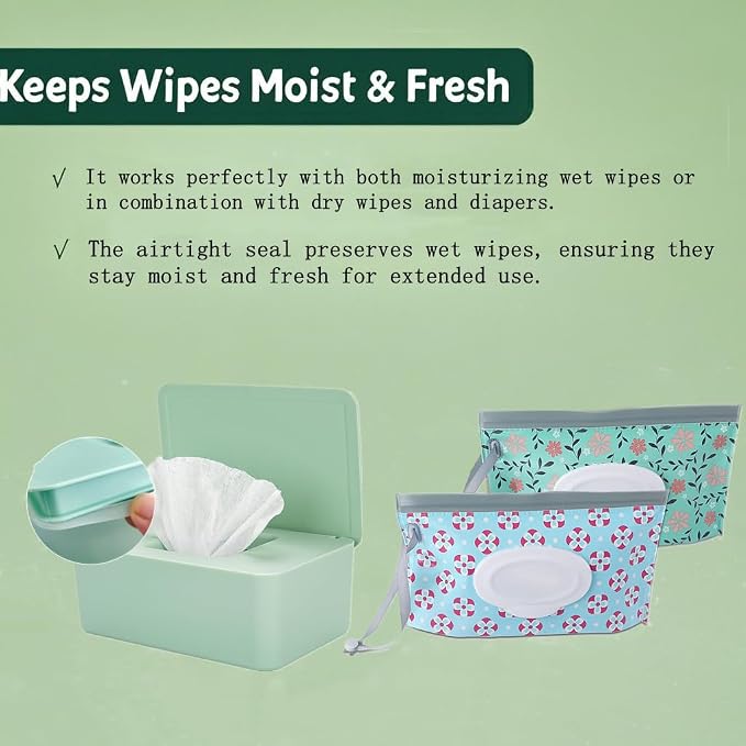 Wipes Dispenser Set,1 Wipe Box & 2 Portable Pouches,Green | Refillable Reusable Large Wet Wipe Holder, Flushable Wipes Case Bathroom Wipes Container for Pet Nursery Kitchen Office