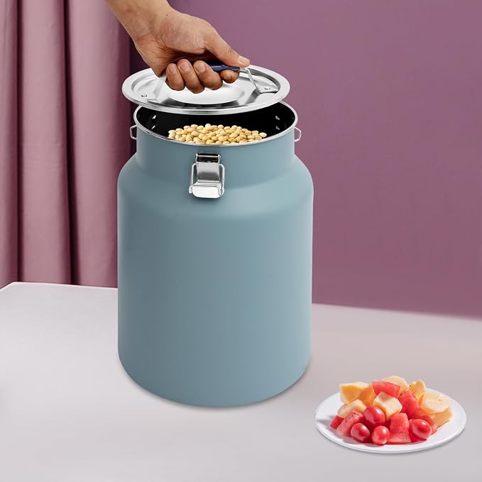 12L Stainless Steel Rice Storage Container with Airtight Lid&Handle, Blue | Secure 3-Buckle Locking Lid, Portable Handle and Wide Opening, Stores Rice, Flour, Pet Food, Tea, Oil, Milk, Grains