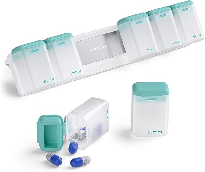 KOVIUU Weekly Pill Organizer, Magnetic Medicine Vitamin Case 1 Time a Day | Week Once Daily Supplement Box, Removable Medication Container Holder for Fridge, 7 Day Large Travel Pill Dispenser, Cyan
