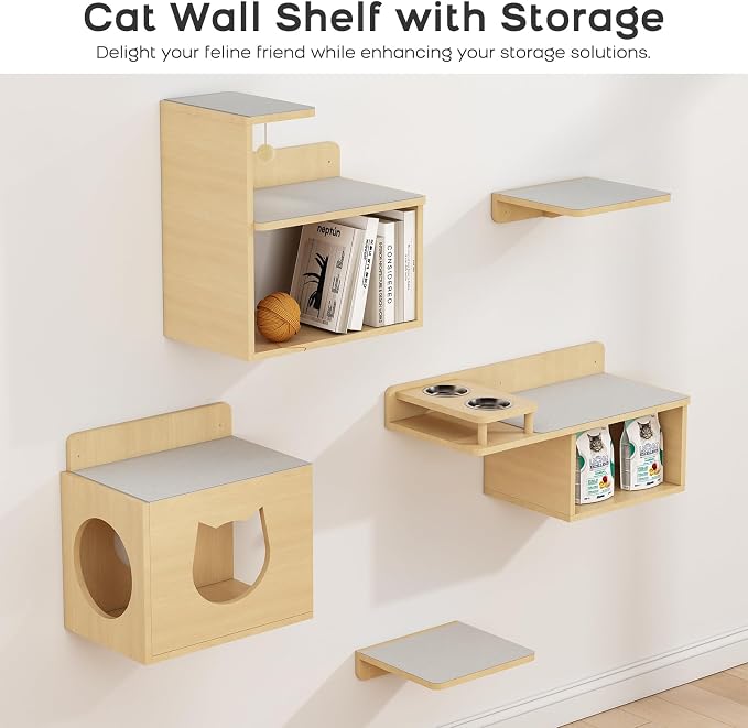 Cat Wall Shelves with Storage, Modern Floating Cat Shelves for Playing, Set of 5 Levels, Wood Color, Wall Mounted Cat Furniture and Perch, Cat Climbing Wall with Two Bowls