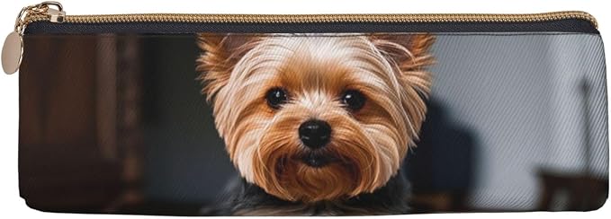 Leather Pen Case with Zipper - Aesthetic Pen Holder Cute Pet Yorkie Pencil Case for Women & Men - Handcrafted Pencil Bag Multi-Functional Travel Cosmetic Case for Work Office Tool Pouch