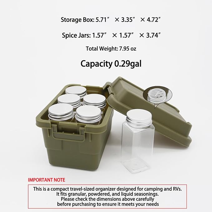 6-Piece Camping Spice Kit, BPA-Free Leakproof, Portable Seasoning Organizer for Travel