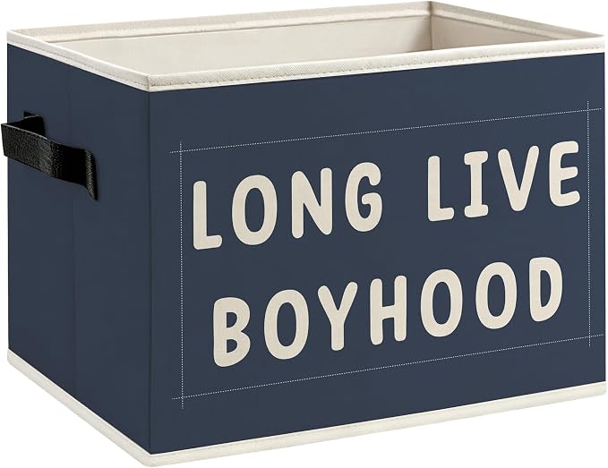 Boy Nursery Foldable Storage Bins Box with Handles, Long Live Boyhood Navy Blue Decorative Storage Boxes Baskets Toybox Organizer for Kids Boy Nursery Toddler Room Bedroom Playroom