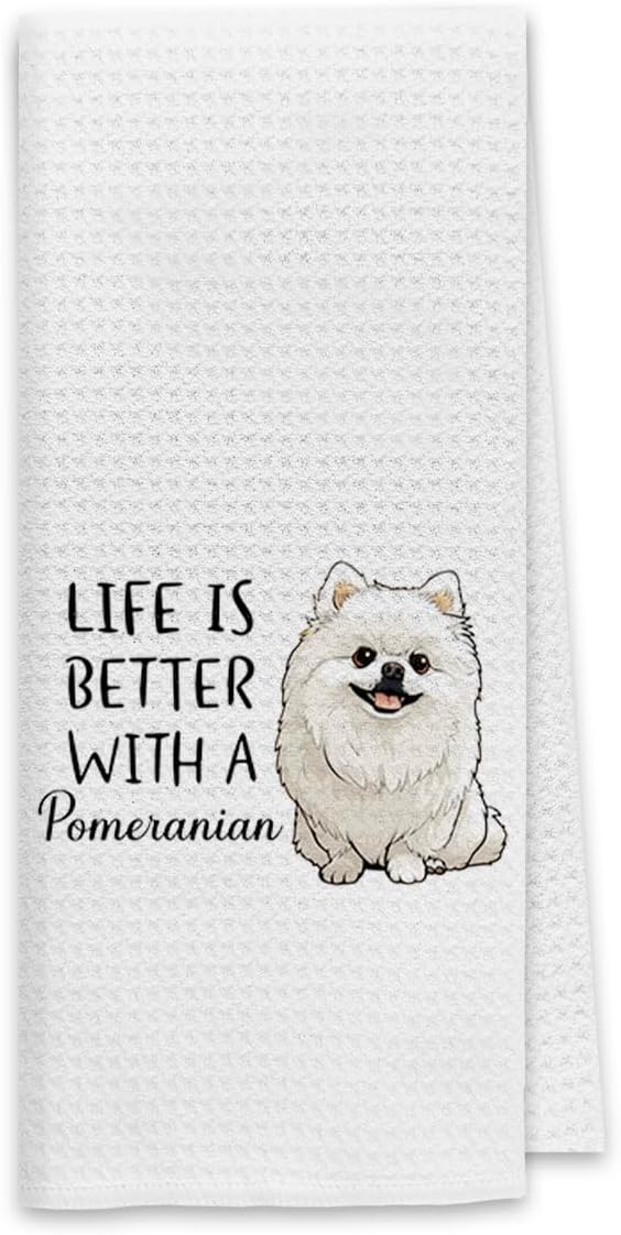 Dibor Life is Better with A Pomeranian Kitchen Towels Dish Towels Dishcloth,Cute Puppy Dog Absorbent Drying Cloth Hand Towels Tea Towels for Bathroom Kitchen,Dog Lovers Girls Women Gifts