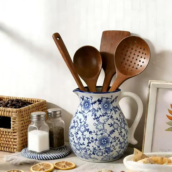 Farmhouse Ceramic Utensil Holder, 6.1"Rustic Cooking Utensil Holder | Utensil Organizer Crock with Handle for Kitchen Counter, Vintage Countertop Home Decor, Flower Pot, Spoon Tool Tray