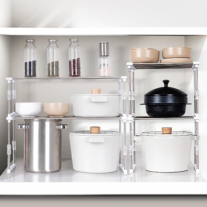 carrotez Set of 1 Expandable Cabinet Organizer 11.8~19.6 x 7.8 x 6~9 White | Width & Height-adjustable Kitchen Cabinet Organizer Shelf, Stackable Kitchen Counter Shelf