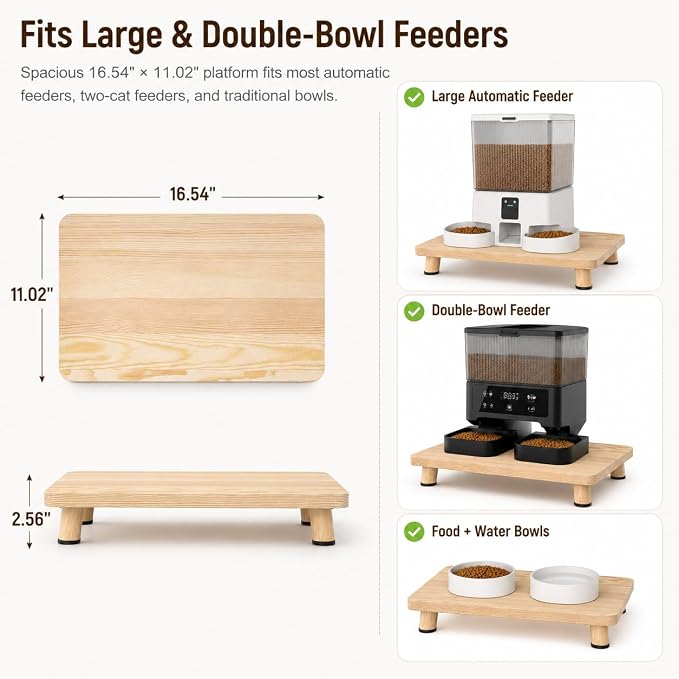 Solid Wood Elevated Cat Feeder Stand, Raised Bowl Holder for Automatic Cat Feeders, Large Double Bowls & Traditional Bowls, Ergonomic Raised Station Relieves Spine and Joint Pressure