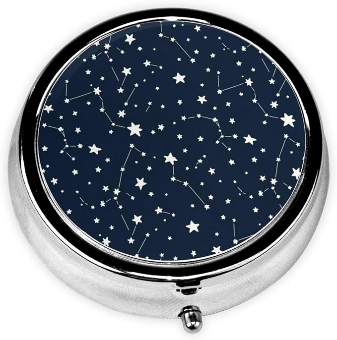 Mini Pill Container, Constellation Galaxy Starry Night Stars Glow in The Dark Midnight Round Sturdy Organizer, Portable Holder for Supplements, Travel Pill Case Purse Essential for Gym