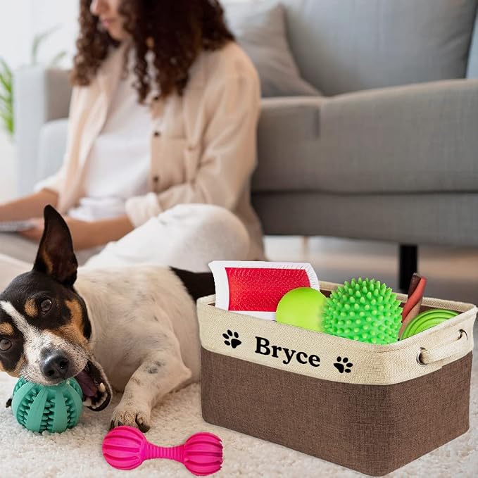 Custom Dog Cat Toys Storage Basket Bin with Name Sturdy Foldable Collapsible Cat Storage Bin with Handles for Organizing Pet Stuffs, Toys, Clothes,( Brown and White), 15" x 9.8" x 9"