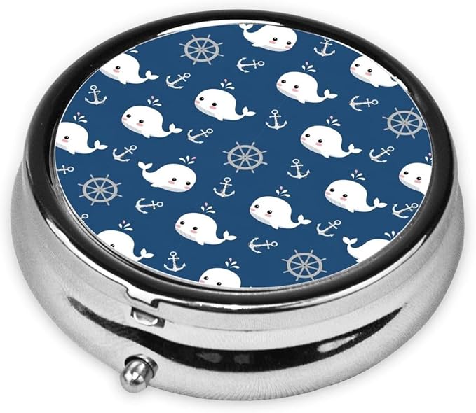 Pocket Pill Box, Navy Nautical Wheels Anchor Cute Whale Compact Round Dispenser, Travel Organizer for Supplements, Waterproof Case Purse Carry for Hiking