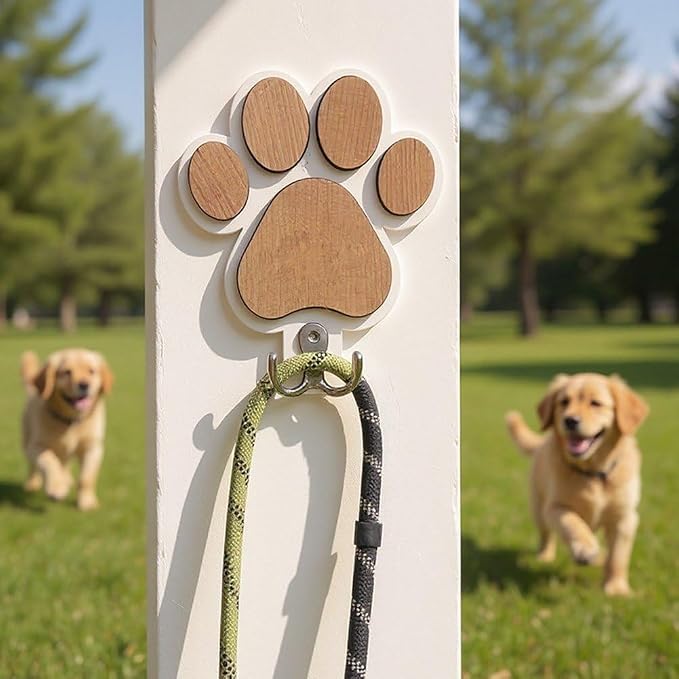 2 Pcs Wooden Paw Print Pet Leash Hook, Dog Leash Holder Wall Mounted Wooden Pet Organizer Double Hook for Dog Collars Entryway Accessories