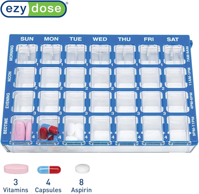 Ezy Dose Weekly (7-Day) Pill Organizer, Vitamin and Medicine Box, Small Compartments with Easy Fill Tray, 4 Times a Day, Clear Lids, Color May Vary, Assorted (Pack of 2)