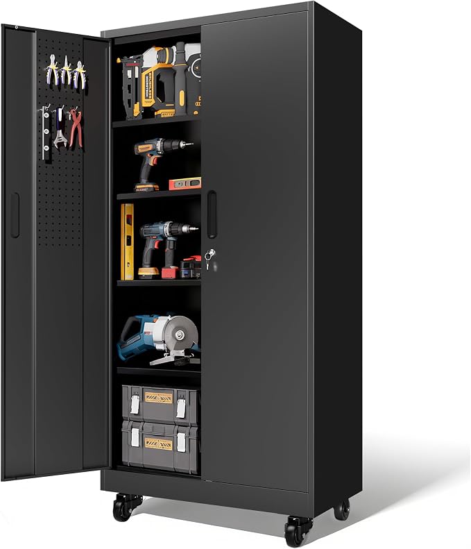 Metal Storage Cabinet for Garage, Tool Cabinet, Utility Cabinet | with Wheels, Tall Tool Cabinet, Lockable, 2 Doors, 4 Adjustable Shelves, Pegboard, Assembly Required, Black