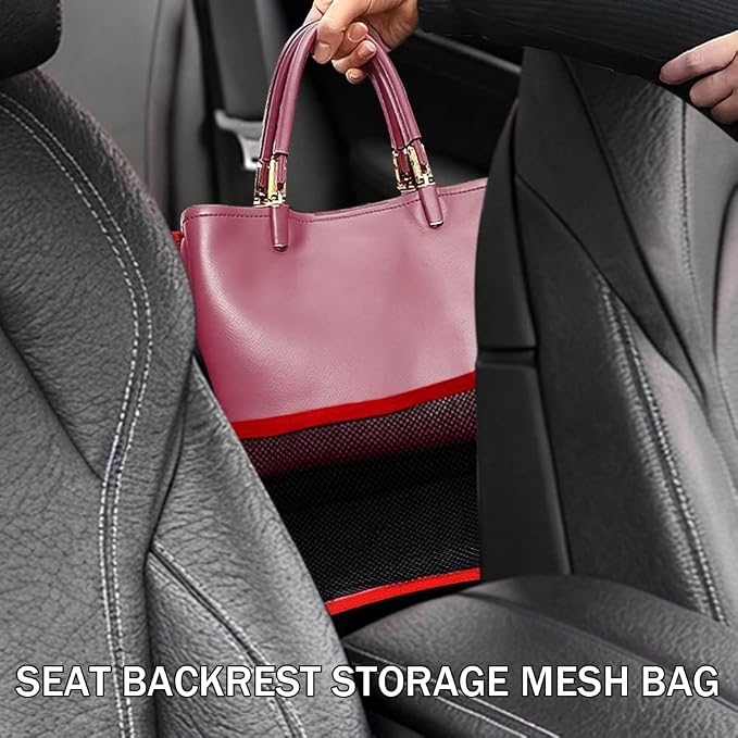 Car Net Pocket Handbag Holder, Organizer Storage Between Front Seats, Large Capacity Auto Seat Back Mesh Pocket Organizer, Car Handbag Holder Between Seats Universal for Most Vehicles (Red)