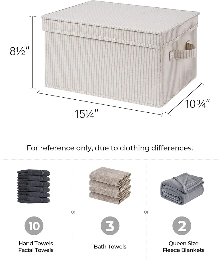 StorageWorks Fabric Storage Bins with Lids, Closet Storage Bins | Lidded Dust-proof, Easy Pull Handles, Foldable, Stackable, Ideal for Clothes Blanket Towel, Large, Khaki Stripe, 3-Pack