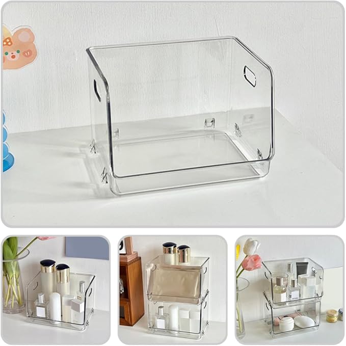 SHINEOFI Stackable Desktop Storage Box with Handles 2Pcs Small PET | Dresser Desktop Use, Multipurpose Organizer for Books and Food, Easy to Clean, Compact Tabletop Set