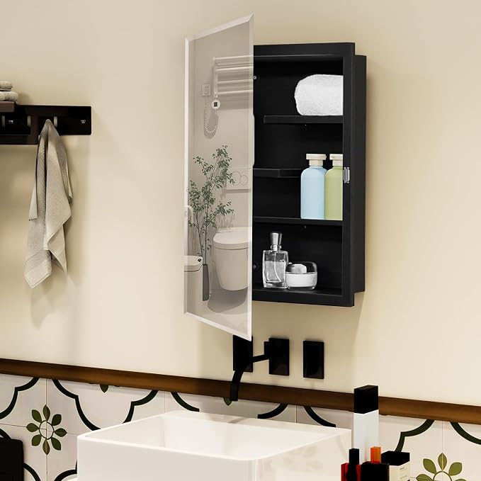 Black Metal Medicine Cabinet With Mirror, 16 x 20 Recessed Bathroom Storage | Recessed or Surface Mount Beveled Mirror Cabinet with Adjustable Staggered Shelves, Piano Hinge, Reversible Door, Powder Coat