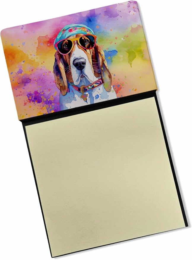 Caroline's Treasures Basset Hound Hippie Dawg Sticky Note Holder Refillable Dispenser Self-Sticky Note Pads, Memo Pads Blank Desk Accessories