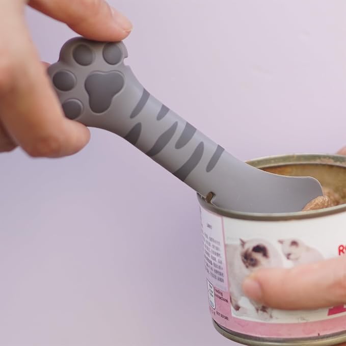 Meow&Woof Cute Cat Pet Can Food Cover with Spoon - One Lid and One Spoon Pack (Gray)