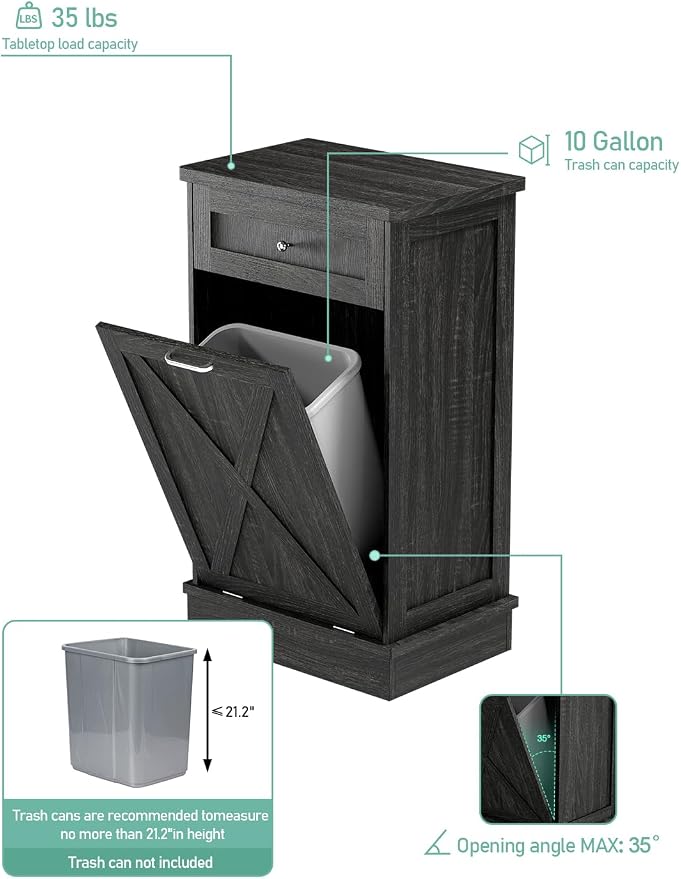 TOLEAD 10 Gallon Tilt Out Trash Can Cabinet Wooden Hidden Trash Cabinet with Solid Wood Top & Drawer, Farmhouse Kitchen Garbage Bin Enclosure Pet Proof Laundry Hamper for Kitchen, Bathroom Grey