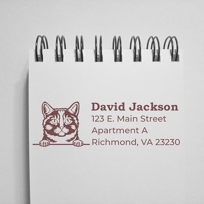 Peeking Munchkin Cat Self-Inking Address Stamp - Custom Rubber Stamp | Choice of 11 ink colors. Personalized Address Stamp for Cat Lovers. Address Stamp for Munchkin Cat Moms. 4 lines.