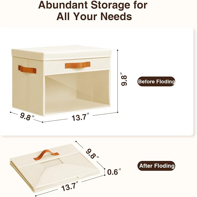 Large Storage Bins with Lids - 3 Pack Foldable Decorative Organizers with Clear Windows & Handles, Cube Storage Organizers for Clothes, Blankets, Sweaters, Sheets, Beige