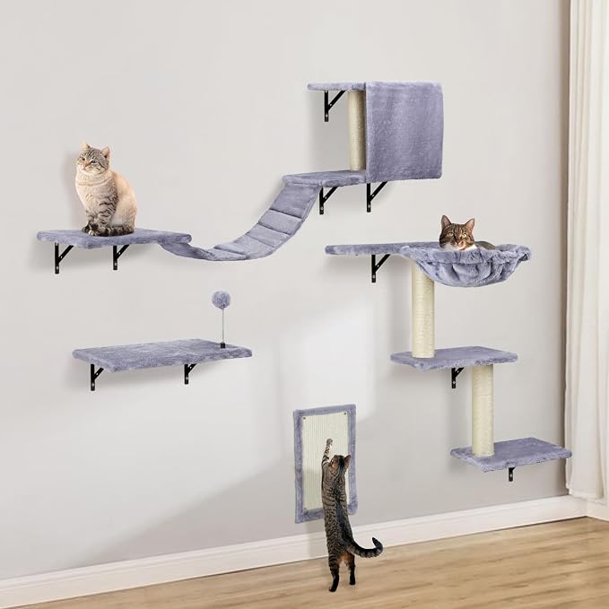 Cat Wall Shelves, Space-Saving Wall-Mounted Cat Climbing Set for Large Cats | Multi-Level Climbing System, Wall Furniture, Bed, Steps, Hammock, Wall Scratcher, Indoor Cat 40 lbs Small Place Corner Room