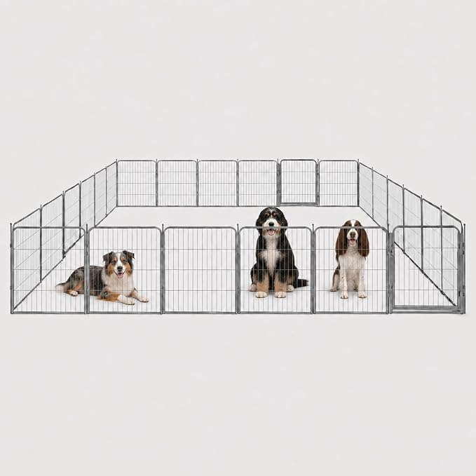 Dog Play Pen for Outdoor Use - 32'', 24 Panels for Small and Medium Size Dogs - Portable Playpen Pet Fence for RV, Camping, and Yard - Heavy Duty Kennel w/Grey Rust Resistant Coating