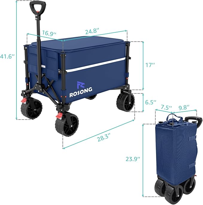 ROSONG Collapsible Wagon Cart with Wheels Foldable - Folding Utility Heavy Duty Wagons Carts for Grocery Sports Garden Shopping Camping Wheelbarrows (120L Dark Blue with Lid)