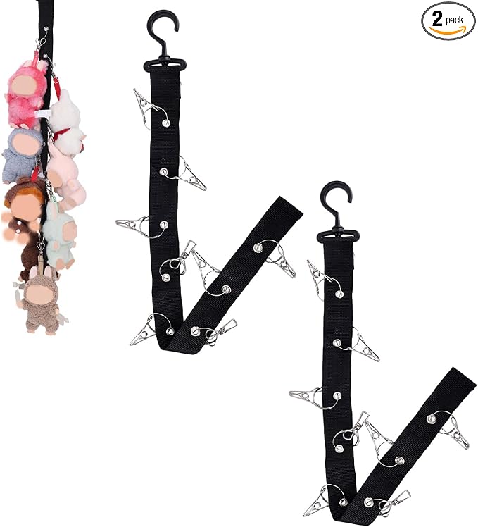 2pcs Stuffed Animal Storage Chain, Plush Toy Hanging Display Strap with 8 Metal Clips Wall & Over Door Organizer Holder for 5.9-6.69in or Hats Scarf Nursery Playroom Decor (Black)