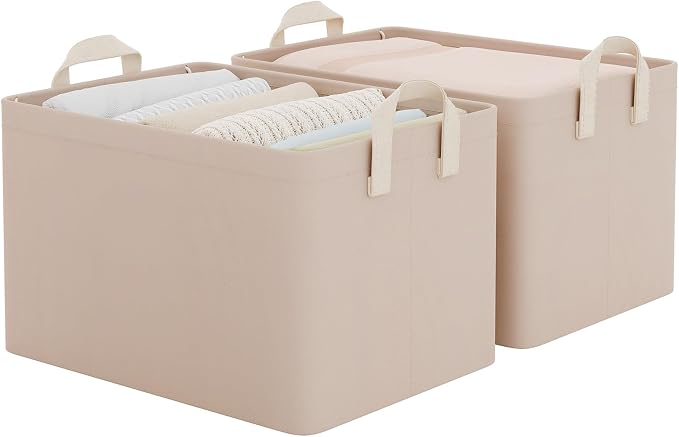 StorageWorks Fabric Storage Bins, Closet Bins, Light Brown, 2-Pack | With PU Handles, Wrinkle-Resistant Cottlyn Fabric, Foldable, For Bedroom, Bathroom, Laundry, Holds Clothes, Towels, Blankets