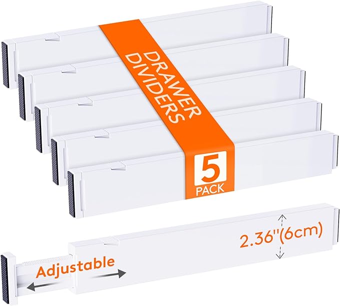 Lifewit 2.36" Upgrade Kitchen Drawer Dividers, Adjustable Drawer Organizer | 16"-22" Expandable White Drawer Separator for Clothes/Utensils, Dresser/Cabinet/Closet/Nursery Organization & Storage, 5 Pack
