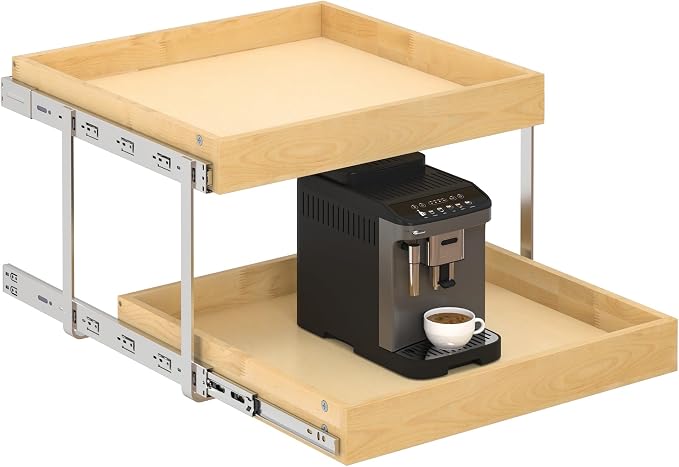 WelFurGeer 2-Tier Pull Out Cabinet Organizer with Soft Close Slides, Heavy-Duty Pull Out Drawers for Cabinets, Slide Out Shelf for Kitchen, Bathroom, Pantry & Under Sink, Solid Birch Wood
