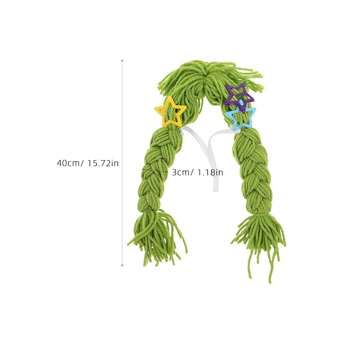 BETOOKY Reusable Green Yarn Cat Wig with Braided Pigtails, Lightweight and Nonirritating Pet Costume Wig Featuring Clip-on Fastener for Photoshoot and Holiday Celebrations