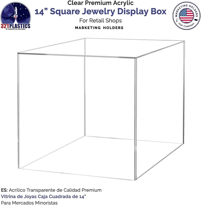 Marketing Holders 14 Inch Acrylic Display Riser Box with One Open Side No Lid Hollow Versatile One Piece Clear Square Retail Merchandise Storage Bin or Product Platform