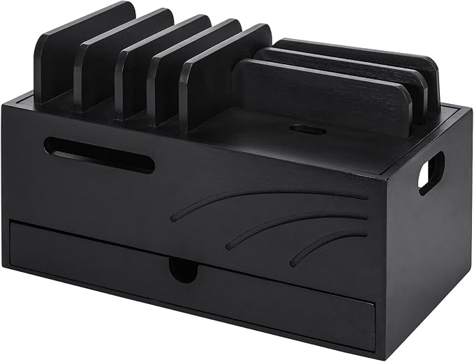 Homde Bamboo Charging Station Organizer: Charger Rack for Multiple Devices | Cable Cord Management Box with 6 Compartments and Drawer - Electronic Docking Stand for Chargers Phones Tablets (Black)
