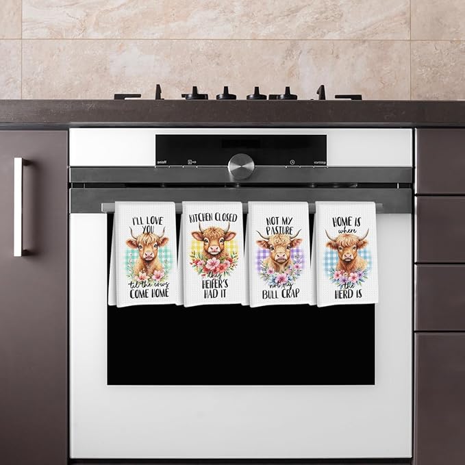 4 Pcs Funny Cow Kitchen Towels, Highland cattle Flower Decorative Absorbent Microfiber Dish Cloth Tea Towel, Plaid Waffle Soft Hand Towels for Farmhouse Home Bathroom Kitchen Decor, Cow Gifts