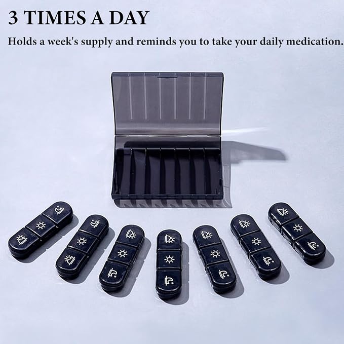 Weekly Pill Organizer 3 Times a Day, 7-Day Pill Boxes, Monthly Medication Organizer 21 Days Portable Compartments & Moisture-Proof Outer Case for Vitamins, Fish Oils, Supplements (Black)