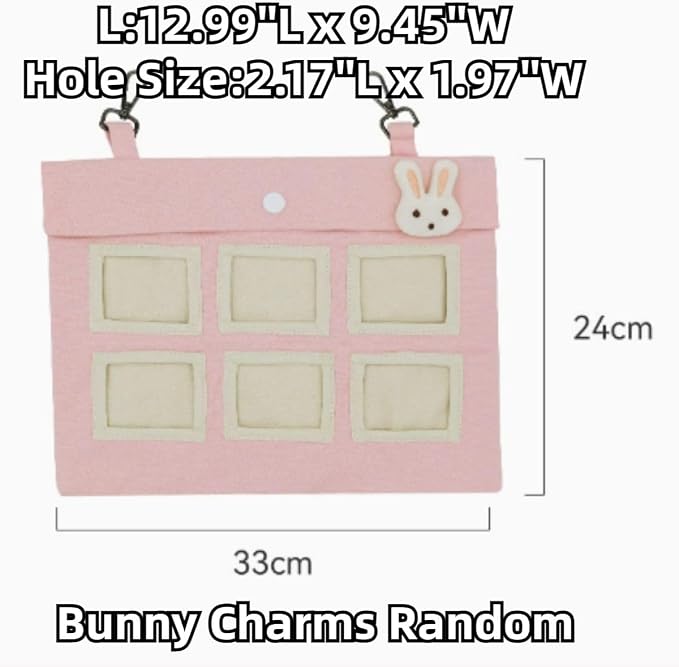 Rabbit Hay Feeder Bag with Cute Pendant, Storage Guinea Pig Feeder Rack Bag, Large Capacity Cotton Canvas Hanging Bag for Bunnies Chinchillas Guinea Pigs (Pink,L)