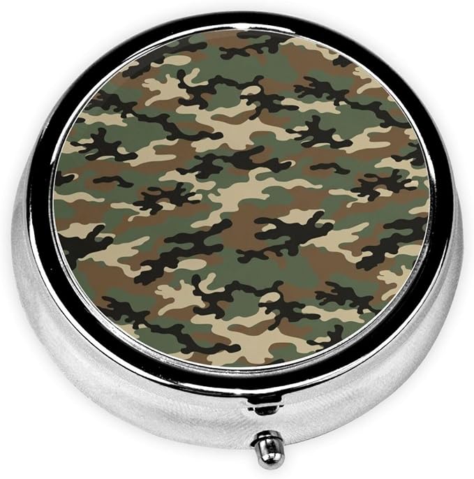 Pocket Medicine Case, Dark Brown Camouflage Round Small Organizer, Waterproof Pill Box for Vitamins, Travel Holder Purse Carry for Commute
