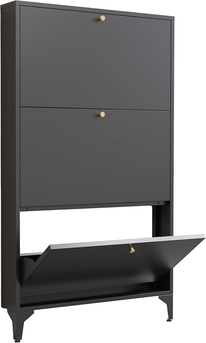 Shoe Cabinet with 3 Flip Drawers, Narrow Shoe Storage Cabinet, Farmhouse Shoe Organizer, Freestanding Organizer with Metal Legs for Entryway, Foyer (Black, 3 Door)