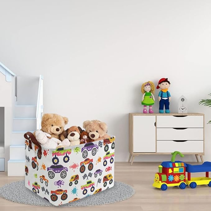 Rectangular storage Basket with Handles Basket,Cute Pattern Storage Bin,Kids Toy Bin Foldable Nursery Laundry Basket for Kids(Racing car)