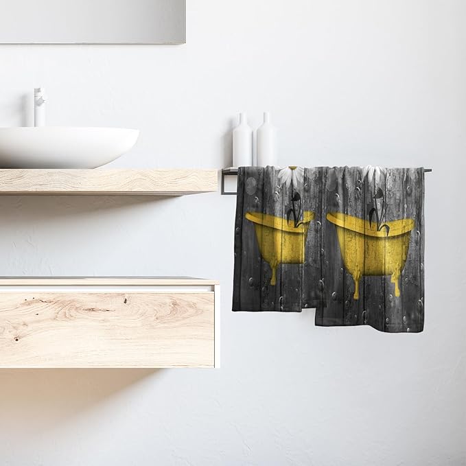 Giwawa Rustic Daisy Wooden Towels Set of 2- Bright Yellow Flower Shower in Bathtub Bubble on Vintage Country Barn Board- Farmhouse Plank Hand Face Fingertip Towel for Bathroom Guest Decor