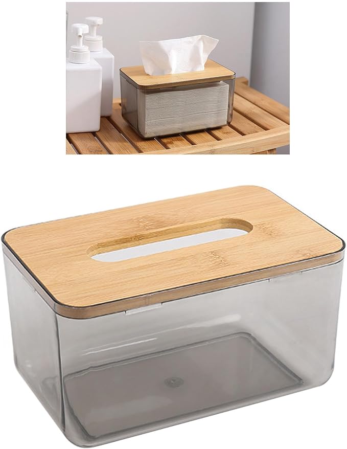 Multi Functional Acrylic Tissue Box, Clear PET and Wood Napkin Organizer Cube Holder, Easy Slide Out Cover, Square Tabletop Dispenser for Bathroom Laundry Room Office Desk