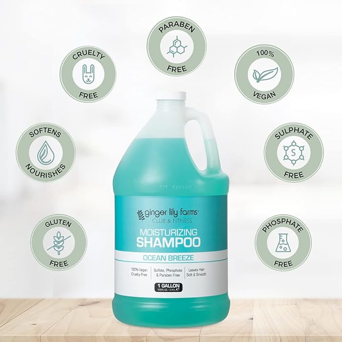 Ginger Lily Farms Club & Fitness Moisturizing Shampoo for All Hair Types, 100% Vegan & Cruelty-Free, Ocean Breeze Scent, 1 Gallon Refill (Pack of 4)