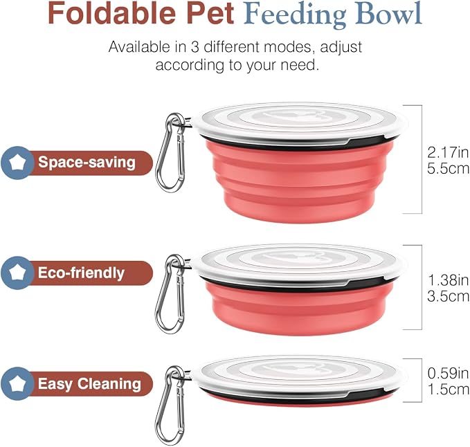 Pawaboo Collapsible Travel Dog Bowls 2 Pack with Lids&Carabiners Silicone | Feeding Watering Bowls for Dogs Cats, Collapsable Water Feeder Food Bowl for Walking Traveling Home Use, Light Pink + Blue