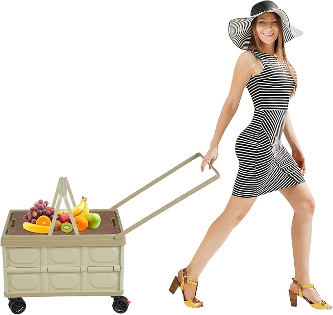 Foldable Crate Cart, 14.53 Gal Portable Wheeled Tote Basket Shopping Storage Trolley Case with 4 360° Rotatable Wheels & Long Handle Capacity 35 Kg/77.16 Lbs for Both Outdoor and Indoor (Green)