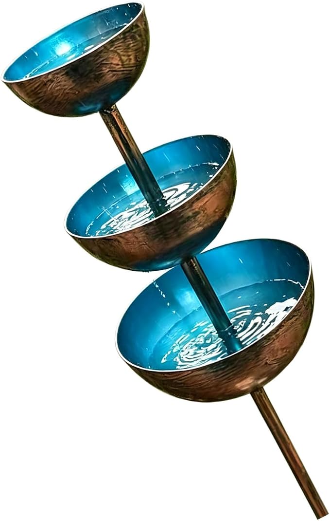 Rain Catcher Bird Bath 3-Tier, Rain Catcher Garden Stake, Antique Bronze Metal Water Bowls Bird Bath and Bee Watering Station with Soil Post for Lawn Edge,Flower Bed, and Open Yard Display